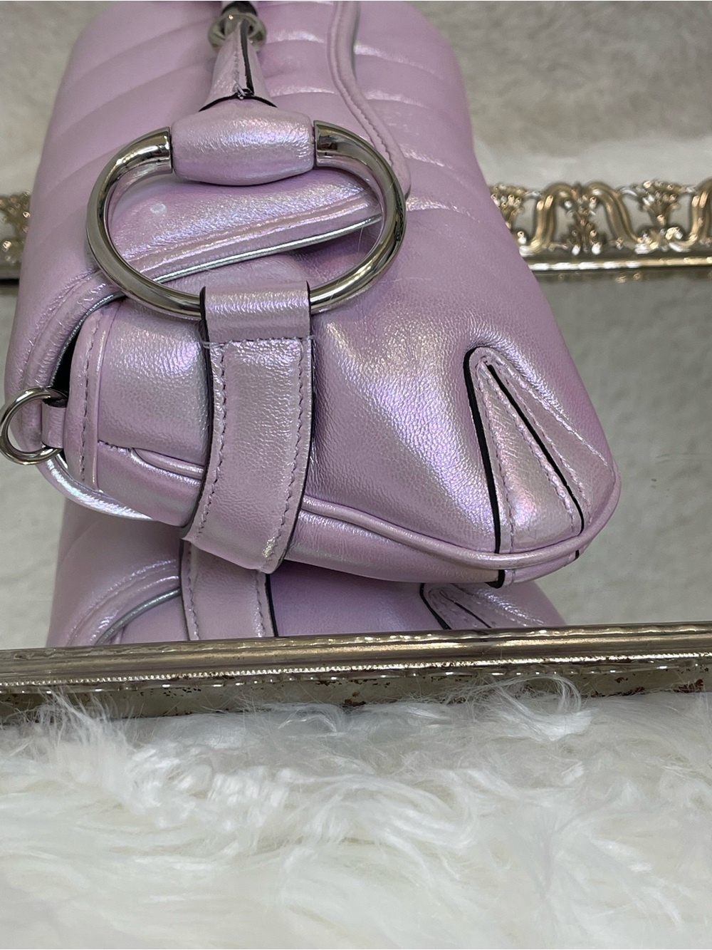 EUC Gucci Horsebit Chain Shoulder Bag Pink Iridescent Vertical Matelasse Quilted - Picture 8 of 16